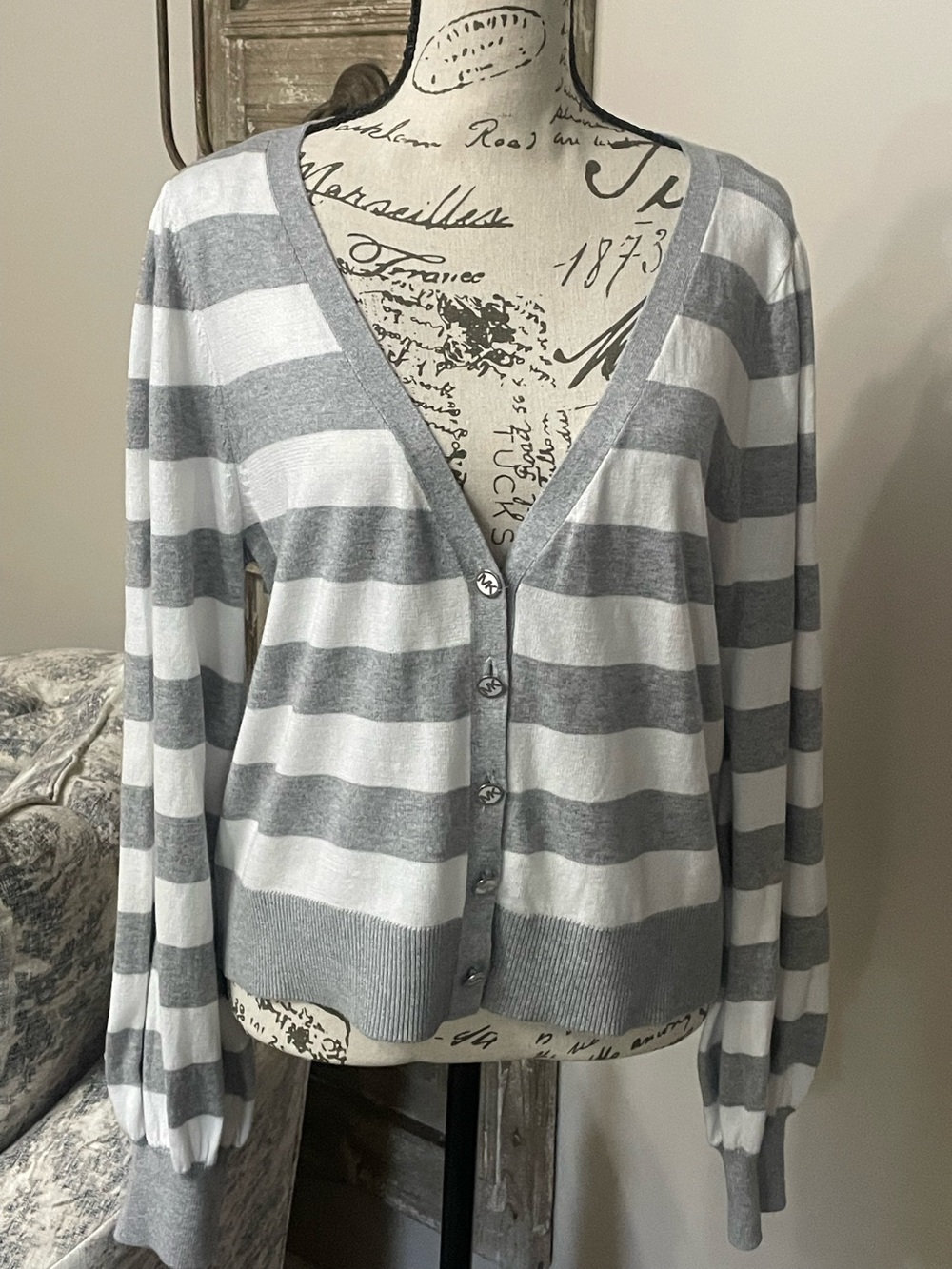 NWT Michael Kors gray and white striped cardigan